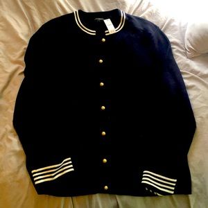 Talbots XL Petite women’s Navy with white stripe on collar and cuffs cardigan.